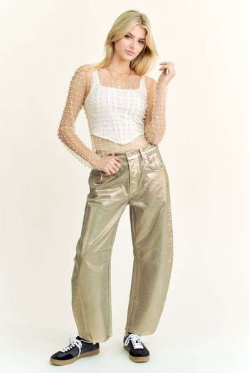 Davi & Dani Sheer Mesh Pearl and Stone Embellished Top in Nude