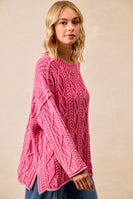 BiBi Cable Knit Mineral Washed Sweater in Washed Hot Pink