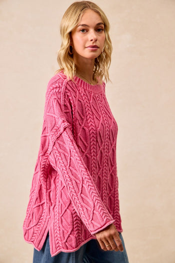 BiBi Cable Knit Mineral Washed Sweater in Washed Hot Pink