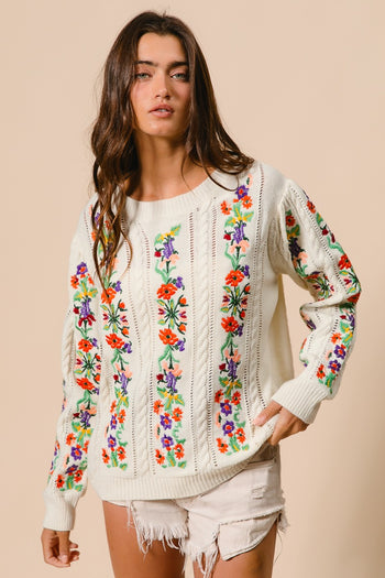 BiBi Solid Color Cable Knit Sweater with Flower Embroidery in Ivory