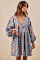 BiBi Washed Denim Floral Print Mini Dress in Denim