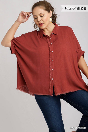 Umgee Linen Blend Top with Frayed Placket in Rosewood