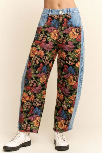 Davi & Dani Floral and Denim Pants in Black/Denim Blue