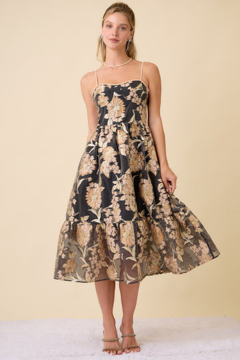 Main Strip Metallic Floral Embossed Midi Dress in Black