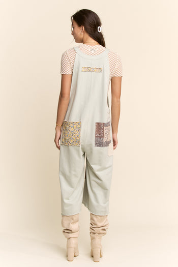 Davi & Dani Cotton Patchwork Jumpsuit Adjustable Strap in Sage Multi