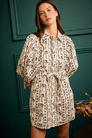 So Me Floral Collared Long Puff Long Sleeve Tie Waist Mini Dress in Cream