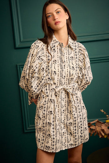 So Me Floral Collared Long Puff Long Sleeve Tie Waist Mini Dress in Cream
