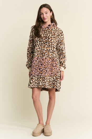 J.nna Color Block Hooded Loungewear Dress in Leopard