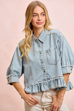 Load image into Gallery viewer, BiBi Washed Denim Ruffle Hem Buttoned Top in Washed Denim
