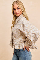 BiBi Textured Floral Ruffle Hem Button Up Top