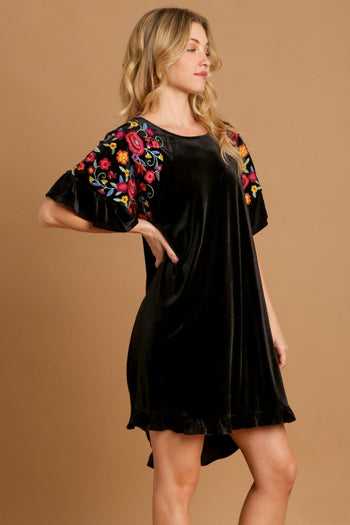 Umgee Velvet Mini Dress with Floral Embroidery in Black