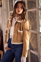 So Me Suede Jacket with Contrasting lace Trim in Camel