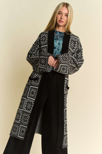 Davi & Dani Granny Square Open Front Long Cardigan in Black Multi