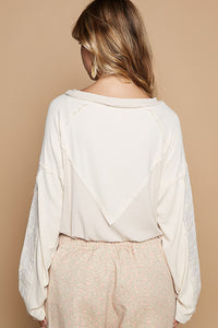 POL Ribbed Knit Top with Crochet Lace Inset Details in Almond Milk