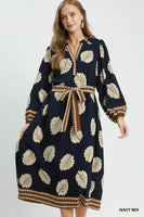 Umgee Mix Leaf Print Belted Midi Dress in Navy Mix