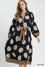 Load image into Gallery viewer, Umgee Mix Leaf Print Belted Midi Dress in Navy Mix
