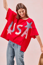 Load image into Gallery viewer, BiBi Oversized Knit Top with Mix n Match USA Patchwork in Red
