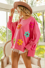 Load image into Gallery viewer, BiBi OVERSIZED Solid Color Top with Multi Color Flower Patches in Pink
