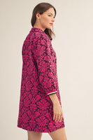 Jodifl Front Half Zip Up Baroque Floral Pattern Dress in Fuchsia