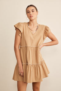 In February Solid Color Tiered Babydoll Dress in Mocha/Cream