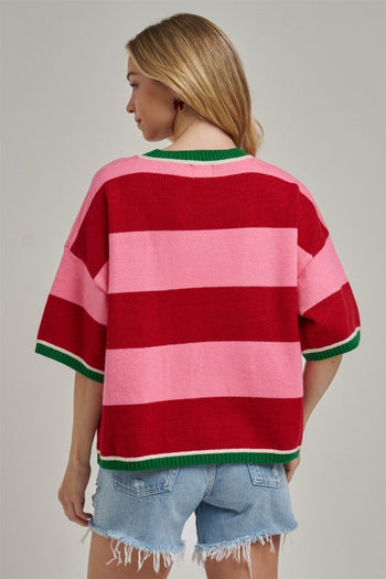 BON Christmas Wide Stripe Loose Fit Sweater in Red/Pink