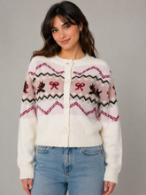 Load image into Gallery viewer, So Me Bow and Dog Pattern Knit Sweater Cardigan in Ivory

