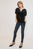 Umgee Velvet Split Neck Top with Lace Sleeves in Black