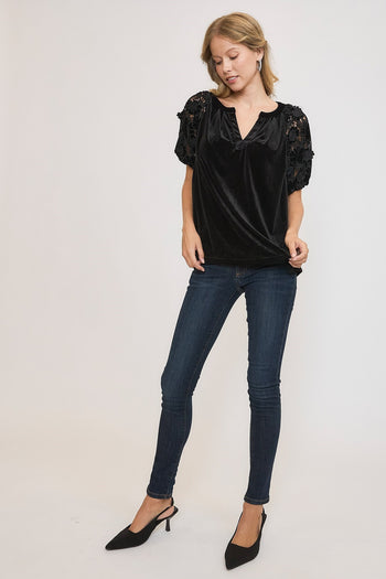 Umgee Velvet Split Neck Top with Lace Sleeves in Black