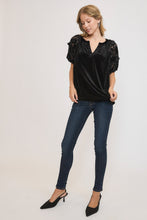 Load image into Gallery viewer, Umgee Velvet Split Neck Top with Lace Sleeves in Black
