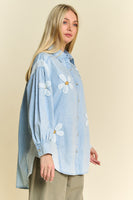 Davi & Dani Chambray and Waffle Knit Top with Daisy Patches in Light Denim