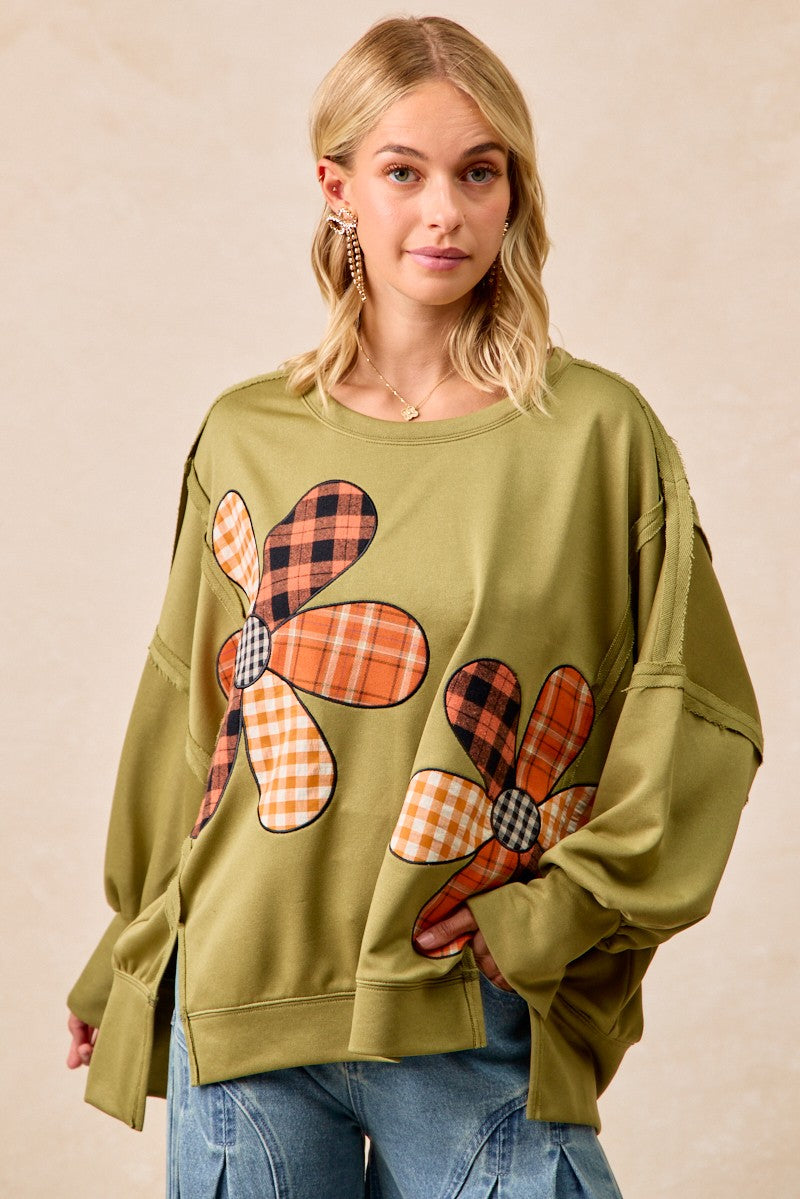BiBi OVERSIZED Mixed Plaid Flower Patched French Terry Top in Olive