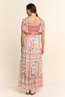 Davi & Dani Boho Floral Print Chiffon Maxi Dress in White Red
