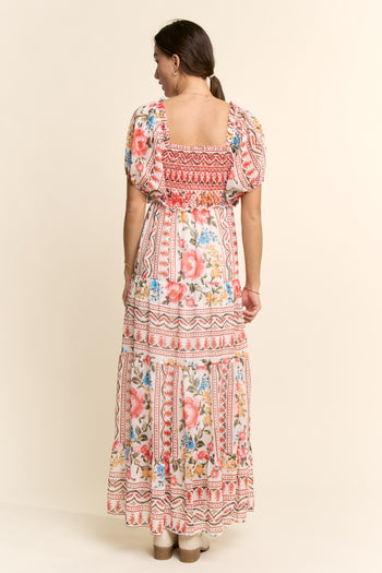 Davi & Dani Boho Floral Print Chiffon Maxi Dress in White Red