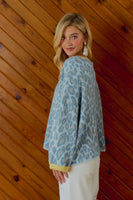 BiBi Soft Leopard Contrast Sweater in Light Blue/Lemon