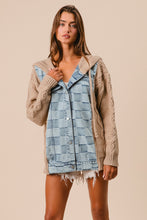 Load image into Gallery viewer, BiBi Mixed Checkered Denim and Knit Sweater Hooded Jacket in Denim/Latte
