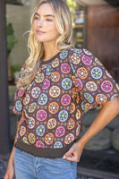 VOY Floral Embroidered Print Bubble Sleeve Top in Brown