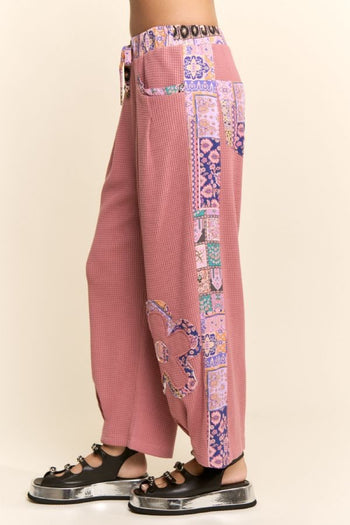Davi & Dani Textured Knit Pants with Flower Patches in Dusty Rose