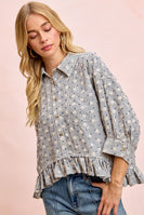 BiBi Floral Embroidery Grid Checked Ruffled Hem Button-Up Top in Navy