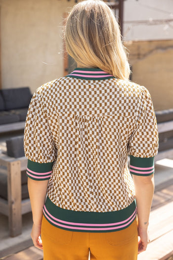 VOY Quarter Button Stripe Band Checker Print Knit Top in Brown