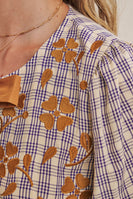 In February French Farm Bubble Sleeves Plaid Embroidered Babydoll Blouse in Dark Cobalt