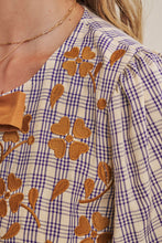 Load image into Gallery viewer, In February French Farm Bubble Sleeves Plaid Embroidered Babydoll Blouse in Dark Cobalt
