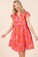 Mittoshop Leaf Print Tiered Mini Dress in Coral Combo