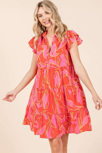 Mittoshop Leaf Print Tiered Mini Dress in Coral Combo