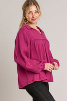 Umgee Cotton Gauze Collared V-Neck Top with Frays in Magenta