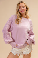 BiBi Solid Color Raglan Sweater with Cable Knit Sleeves in Lilac