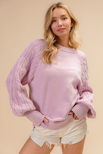 BiBi Solid Color Raglan Sweater with Cable Knit Sleeves in Lilac