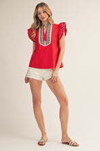 Load image into Gallery viewer, Jodifl Solid Color Woven Top with Plaid Accents in Red
