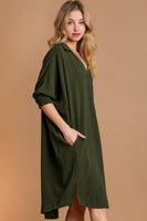 Umgee Solid Texture Fabric Smoked Cuff Dress in Olive