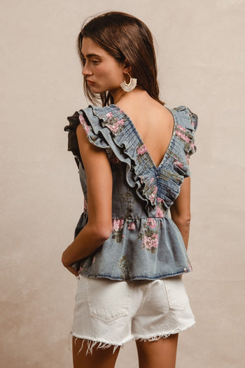 BiBi Washed Denim Top with Floral Print in Denim