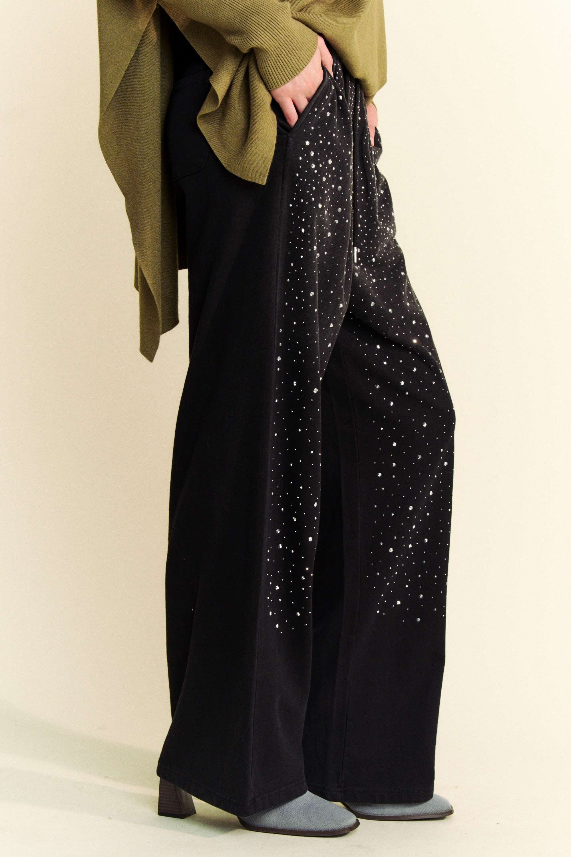 Davi & Dani Stone Embellished Wide Leg Pants in Black – June Adel